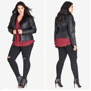 🏷️City Chic Faux Fur Madness Panther Black Moto Vegan Leather Jacket Size 18
